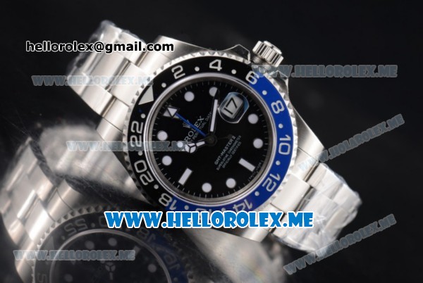 Rolex GMT-Master II Clone Rolex 3186 Automatic Stainless Steel Case/Bracelet with Black Dial and Dot Markers Black/Blue Bezel (BP) - Click Image to Close